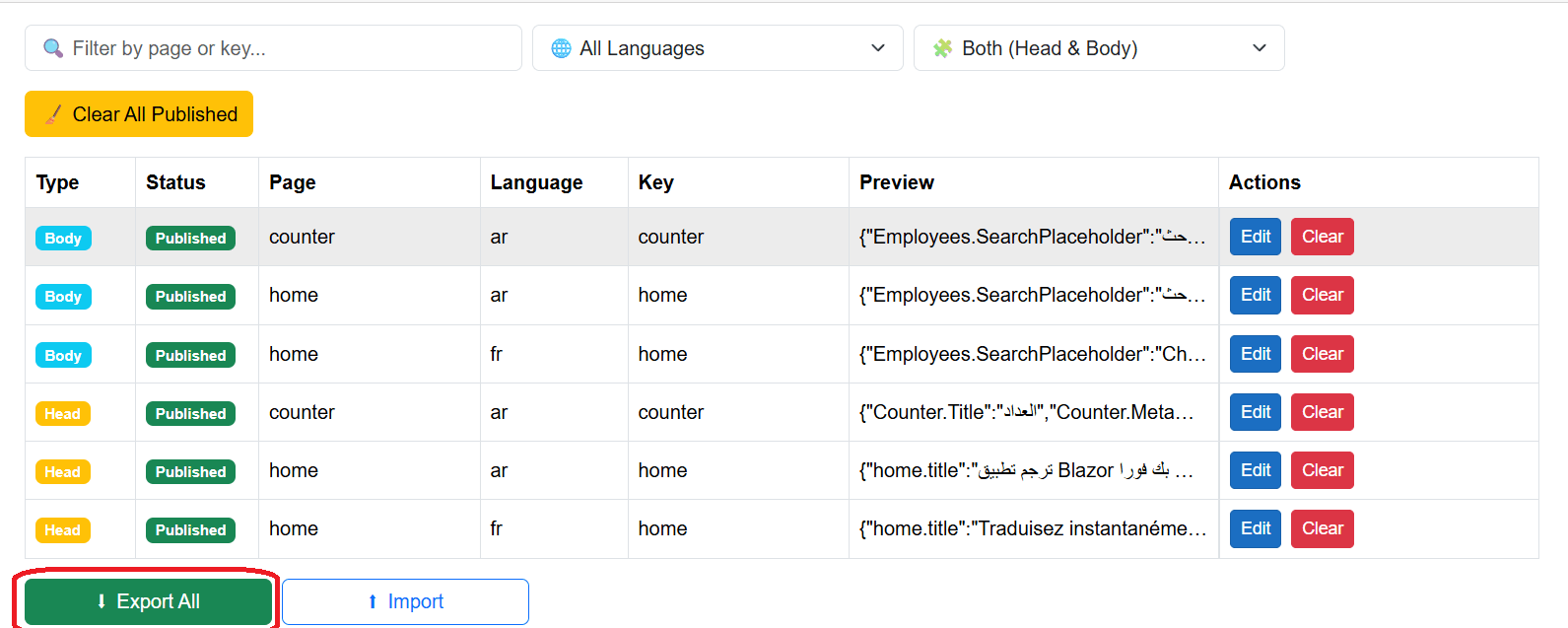 Translation export
